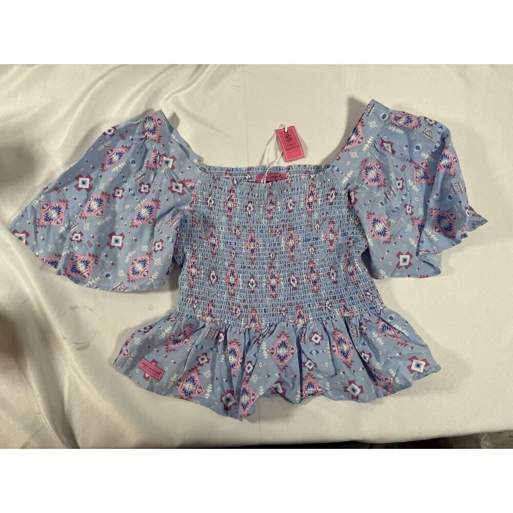 Simply Southern Women Shirred Blouse Blue Aztec Size Large Elastic Bust NWT